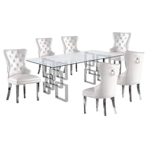 Dominga 7-Piece Glass Top with Stainless Steel Set with 6 White Faux Leather Chairs.