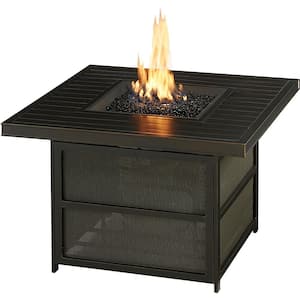 Traditions Brushed Bronze Aluminum Outdoor Gas Fire Pit Table, 38 in. Square w/Lid Sling Sides, Black Fire Glass