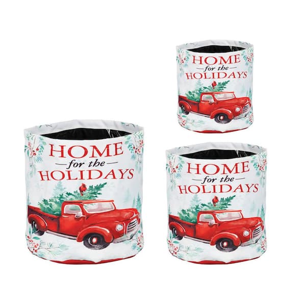 Evergreen Festive Farmhouse Round Fabric Planters, (Set of 3)
