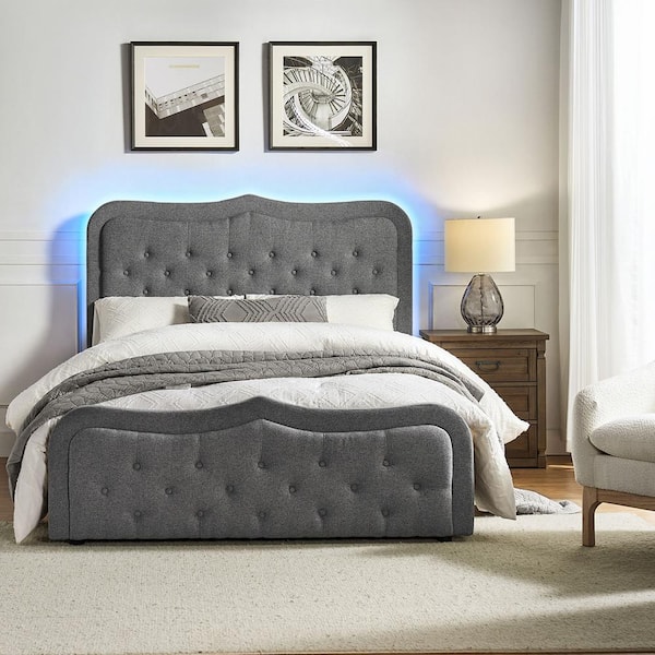 JAYDEN CREATION Delia Classic Button-Tufted Storage Bed with LED Light-QB-Grey