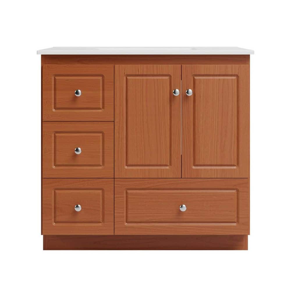 Ultraline 37 in. W x 22 in. D x 35 in. H Vanity with Left Drawers in Medium Alder with Ceramic Vanity Top in White