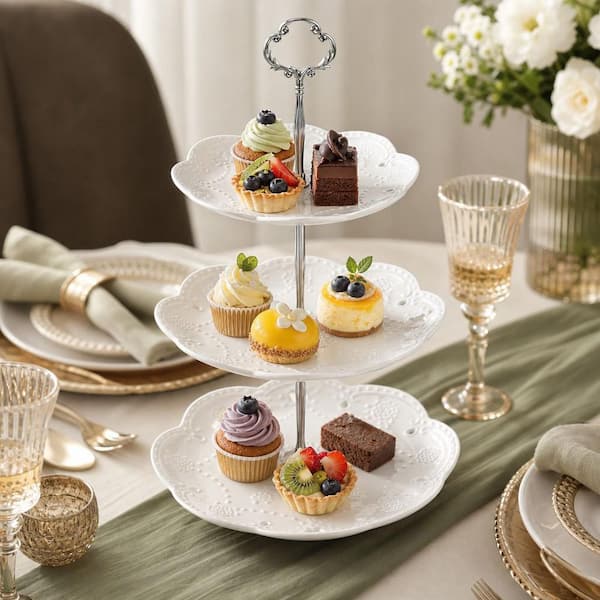 Numhew 3-Tier White Porcelain Cake Stand with Embossed Design for