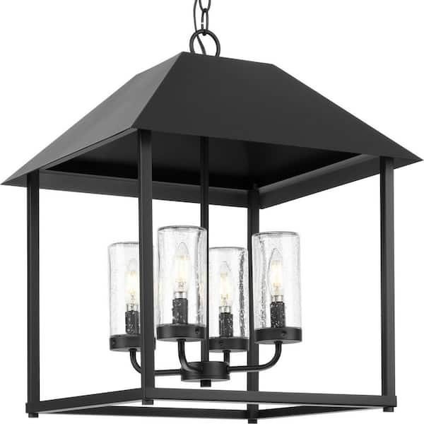 Progress Lighting Chapel 22.12 in 4-Light Textured Black Modern Farmhouse Outdoor Living Pendant Light