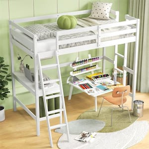 White Twin Loft Bed Frame w/Desk Angled and Built-in Ladder Solid Wooden Frame