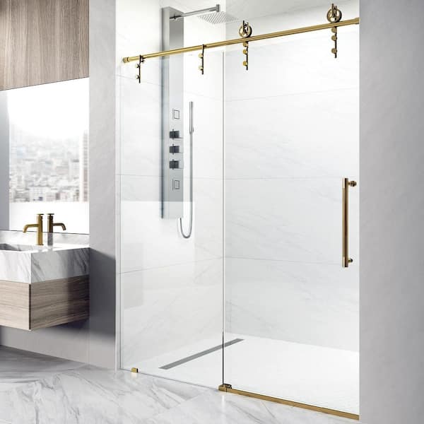 VIGO Hamilton 56 in. to 60 in. W x 78 in. H Aerodynamic Frameless Sliding Shower Door in Matte Brushed Gold with Clear Glass