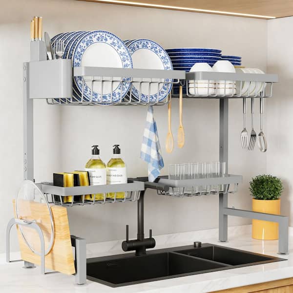 Gray Adjustable Over The Sink Dish Rack with Multifunctional Baskets Post-Washing Dish and Utensil Storage for Kitchen