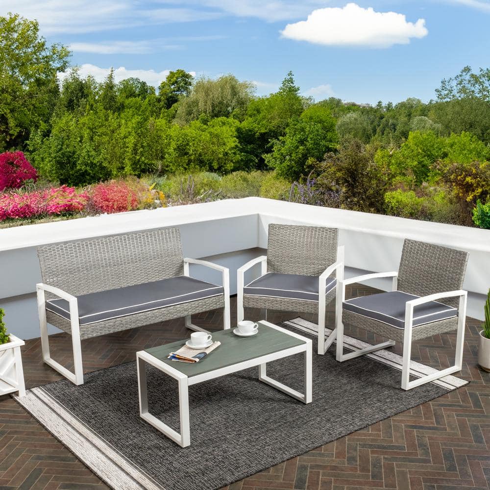Elina Gray and White Faux Wicker 4-Piece Patio Conversation Set