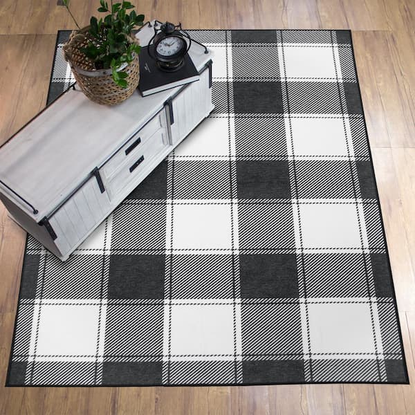 Buffalo Plaid Black and White 5 ft. x 7 ft. Machine Washable Area Rug