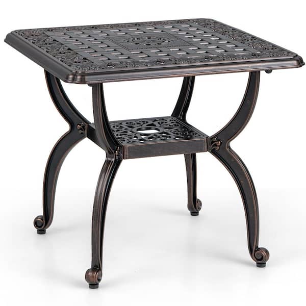 ANGELES HOME Cast Aluminum Outdoor Side Table with Storage Shelf for Garden Porch Balcony