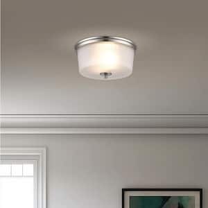 Fusion 14 in. 2-Light Brushed Nickel Flush Mount Ceiling Light Fixture with Frosted Glass Shade