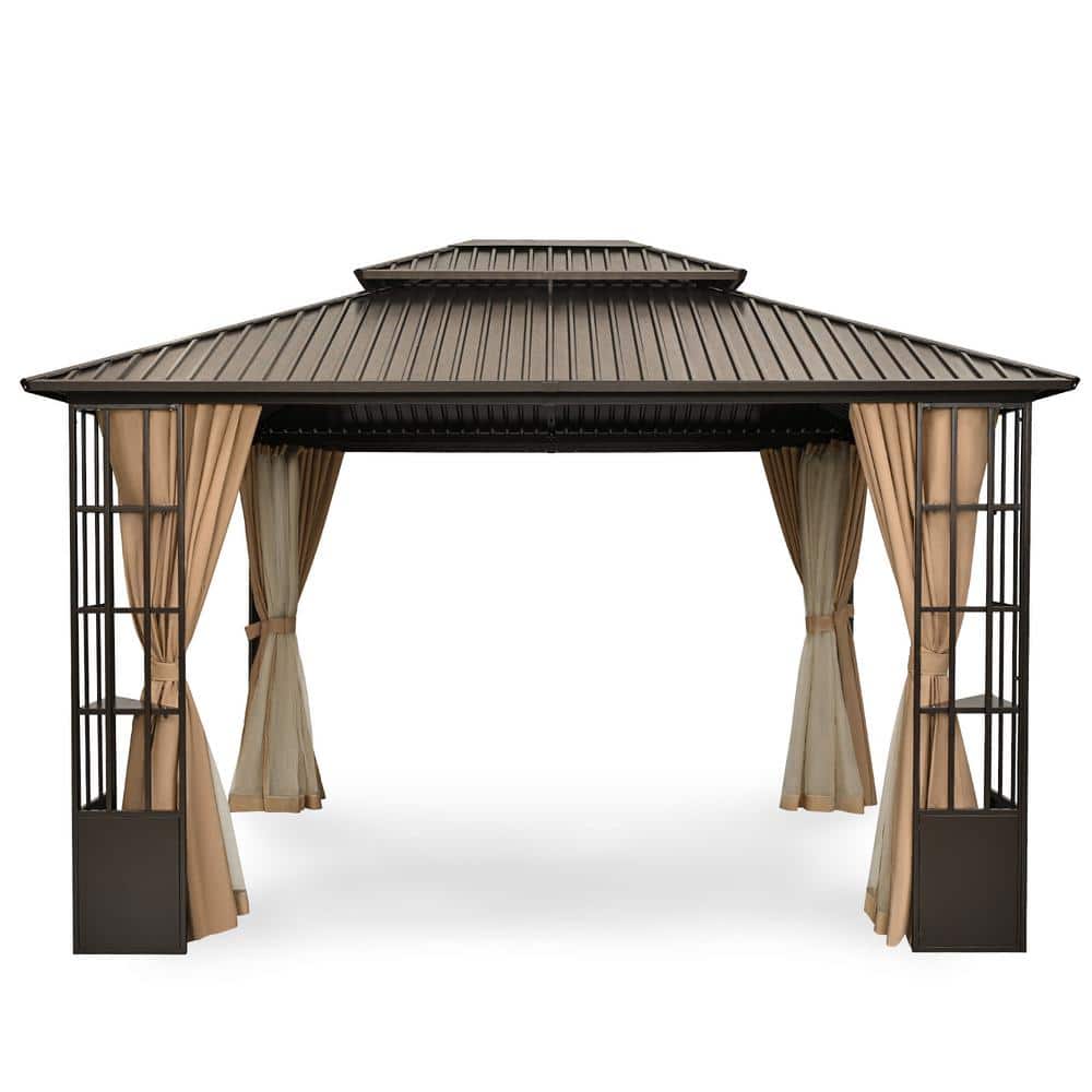 10 ft. x 12 ft. Double Roof Hardtop Patio Gazebo with Aluminum Frame, Storage Shelf and Brown Curtains price history on PriceWatchPro