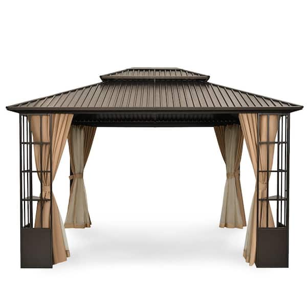10 ft. x 12 ft. Double Roof Hardtop Patio Gazebo with Aluminum Frame, Storage Shelf and Brown Curtains