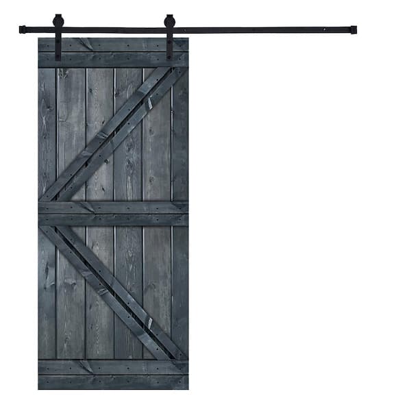 AIOPOP HOME Modern K-Bar Series 36 in. x 84 in. Icy Gray stained Knotty Pine Wood DIY Sliding Barn Door with Hardware Kit