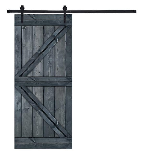 AIOPOP HOME 42 in. x 84 in. Modern K-Bar Series Icy Gray sSained Knotty Pine Wood DIY Sliding Barn Door with Hardware Kit