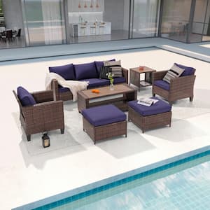 7-Piece Patio Conversation Set Brown Wicker Outdoor Furniture Set Three-Seat Sofa Thickening Cushions, Navy Blue