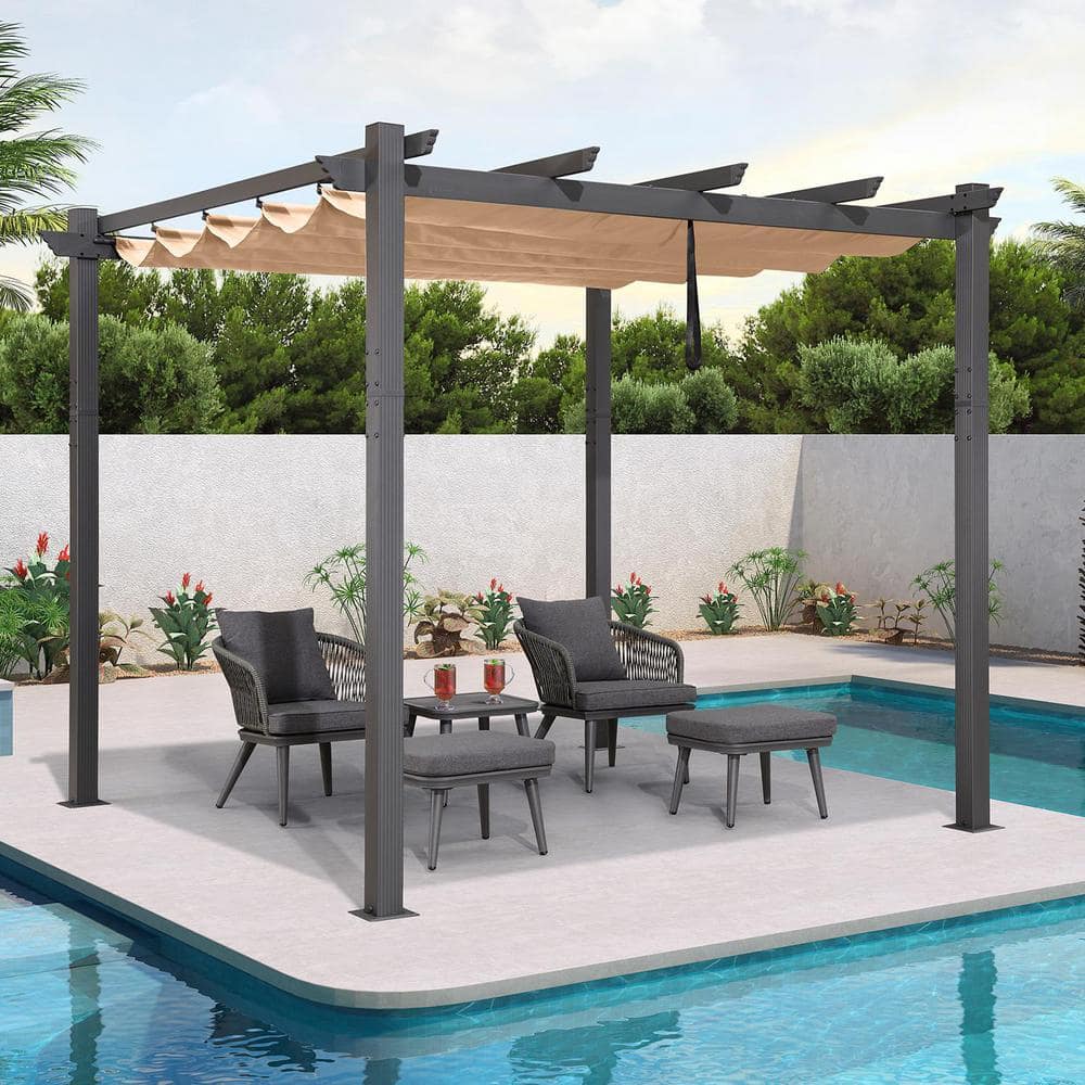 PURPLE LEAF 10 ft. W x 10 ft. D Modern Gray Aluminum Pergola with Khaki ...