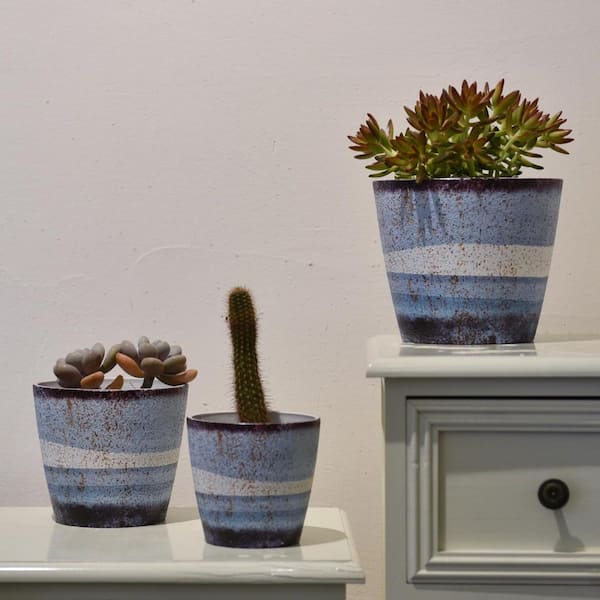 Unbranded Rustic 4/5/6in. Light Blue Tone Round Polystone Planter Plastic  Pot for Indoor Outdoor Garden Plants and Flowers(3-Pack) GH-A-S3