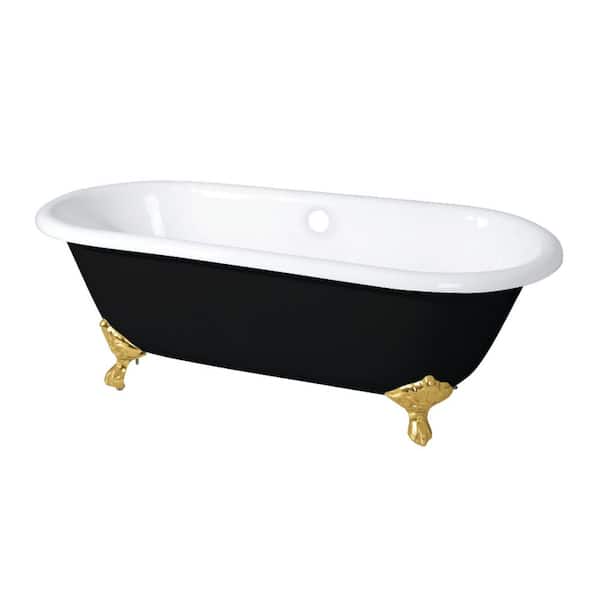 Aqua Eden 66 in. x 30.1 in. Cast Iron Oval Clawfoot Soaking Bathtub in Black/White/Brushed Brass