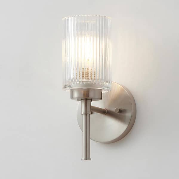 11.5 in. 1-Light Brushed Nickel Wall Sconces with Clear Ribbed Glass Shades and Decorative Tube