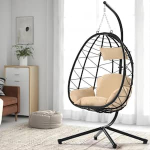 Wicker Outdoor Patio Swing Chair Hanging Egg Chair with Stand and Beige Cushion