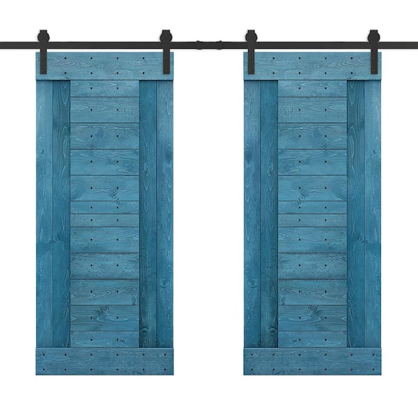 CALHOME 72 in. x 84 in. Ocean Blue Stained DIY Knotty Pine Wood Interior Double Sliding Barn Door with Hardware Kit