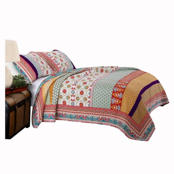 Benjara 3-Piece Multicolor Solid Full Size Sateen Quilt Set