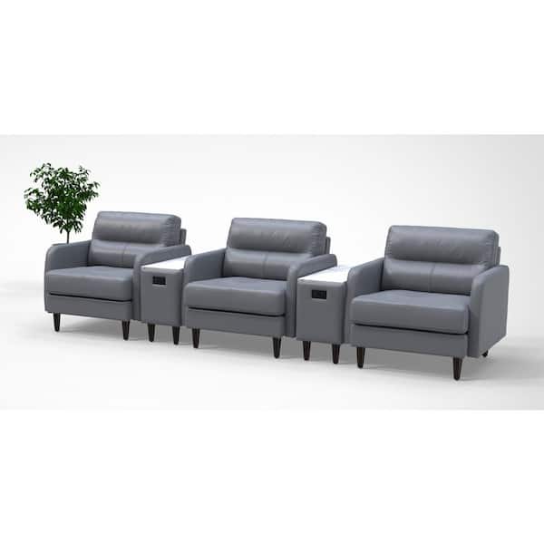 Leather Cushioned High-Back Ergonomic Lobby Arml Chairs in Gray with Integrated Charging Table for 3 persons