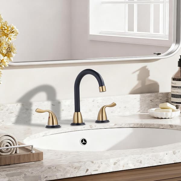 8 in. Widespread 2-Handle Bathroom Faucet with Pop-up Drain 3-Hole 360° Rotation Sink Faucet in Black and Gold