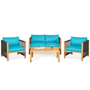 4-Piece Acacia Wood Patio Conversation Set Outdoor Sofa Set with Turquoise Cushions