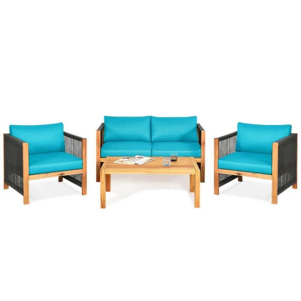 Clihome 4-Piece Acacia Wood Patio Conversation Set Outdoor Sofa Set with Turquoise Cushions