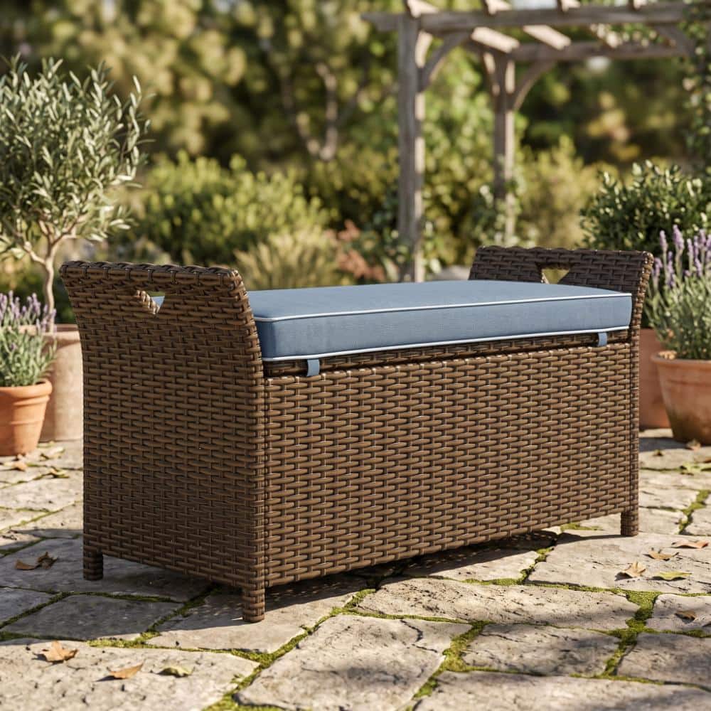 Patio Wicker Storage Bench PE Rattan 2 in 1 Large Capacity Garden Box with Handles Cushion price history on PriceWatchPro