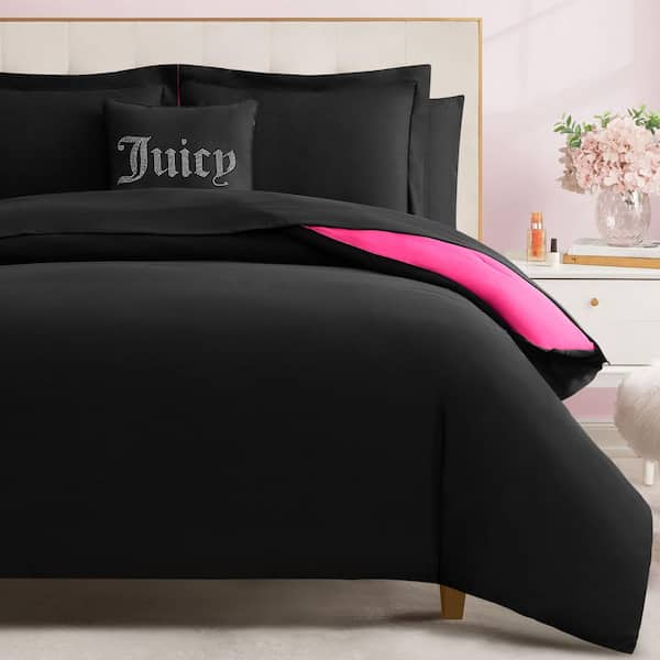 Alexis Solid 8-Piece Black/Hot Pink Solid Color Polyester King Bed in a Bag Comforter Set