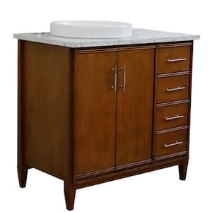 37 in. W x 22 in. D Single Bath Vanity in Walnut with Marble Vanity Top in White with Left White Round Basin