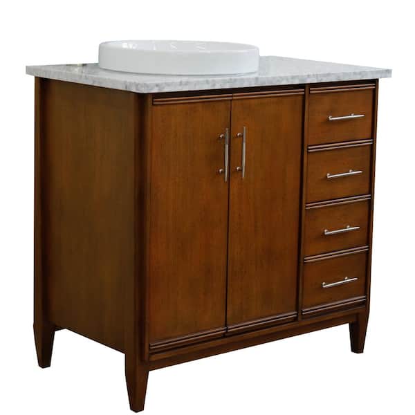 Bellaterra Home 37 in. W x 22 in. D Single Bath Vanity in Walnut with Marble Vanity Top in White with Left White Round Basin