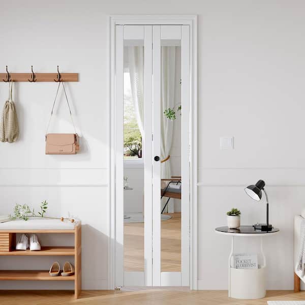 24 in. x 80 in. 1-Lite Mirrored Glass Solid Core White Finished MDF Bi-Fold Door with Hardware Kit