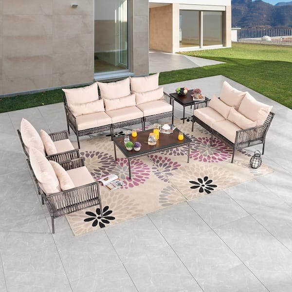 9-Piece Wicker Patio Conversation Set with Beige Cushions