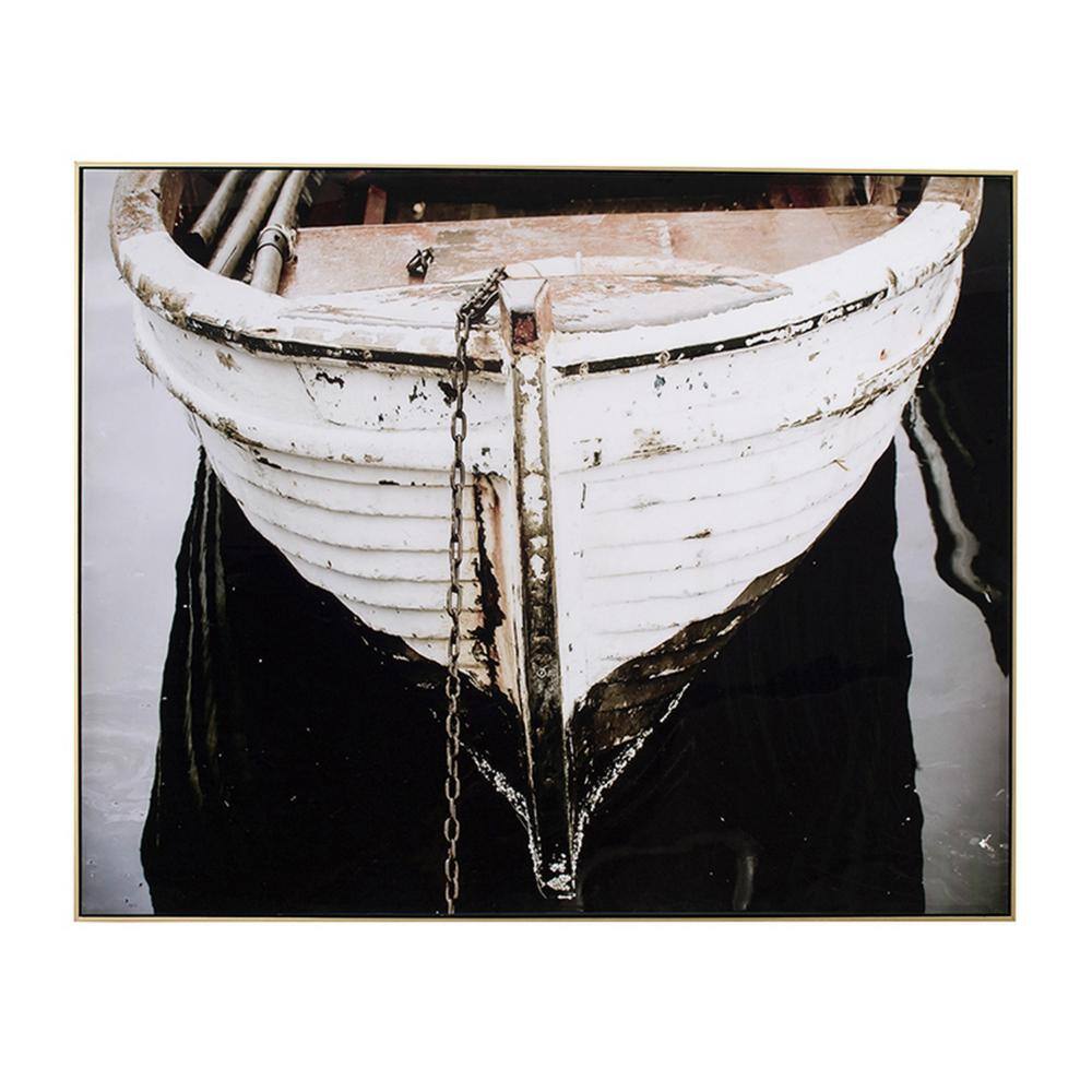 Large Black and White Boat Canvas Painting with Fir Wood Frame
