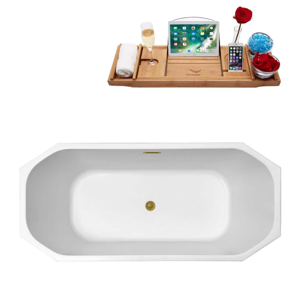 63" Glossy White Acrylic Freestanding Soaking Tub with Gold Trim