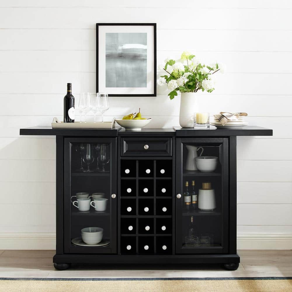 Alexandria Classic Black Sliding Top Bar Cabinet with Beveled Glass