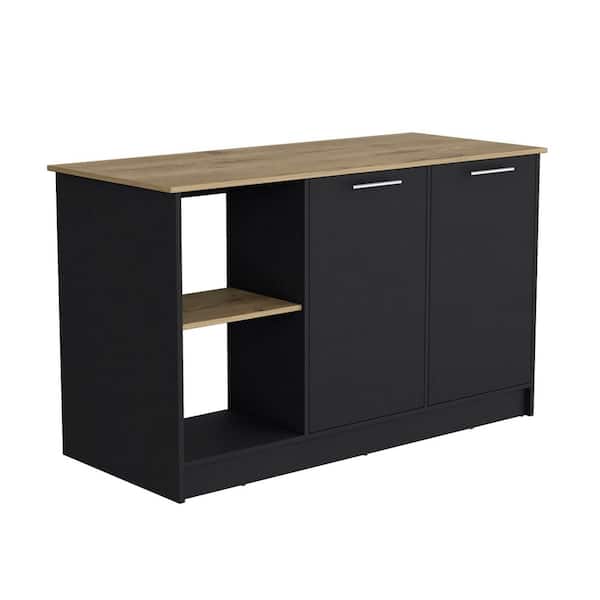 Black Wood 59.0 in. Kitchen Island with Open Storage Shelves and Double Door Cabinet