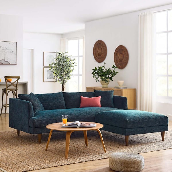 MODWAY Zoya Down Filled Overstuffed Sofa Arm Chair and Ottoman Set in Heathered Weave Azure