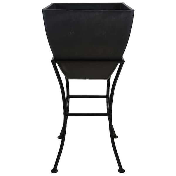 RTS Home Accents 12 in. Square Indoor/Outdoor Graphite Polyethylene Planter with Wrought Iron Stand