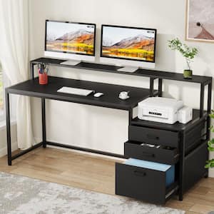 Halseey 63 in. Rectangular Black Wood 3-Drawer Computer Desk with Monitor Stand, Modern Home Office Desk Workstation