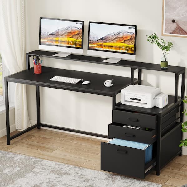 Halseey 63 in. Rectangular Modern Black Wood 3-Drawer Computer Desk Workstation with File Drawer, Monitor Stand
