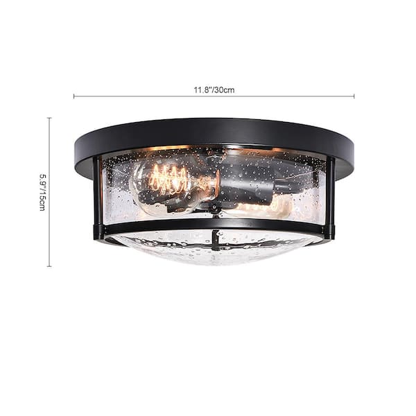 Lumin 11.8 in. 2-Light Matte Black Drum Flush Mount with Seeded Glass Shade Farmhouse Ceiling Light