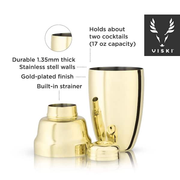 Viski Gold Measured Heavyweight Cocktail Shaker, Stainless Steel Drink Mixer,  with Bar Strainer, Professional Shaker for Martini and Margarita, Gold  Plated, 14 oz