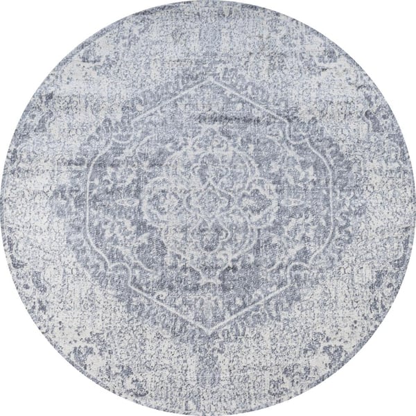 Modern Gray/Ivory 6 ft. Round Persian Vintage Medallion Area Rug