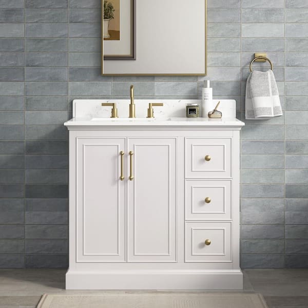 Ravenscroft 37 in. Single Sink White Swan Bath Vanity with Carrara White Engineered Stone Top (Assembled)