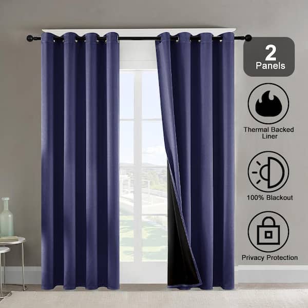 52 in. W x 63 in. L Dark Blue Grommets Thermal Insulated with Coated Lining Indoor Blackout Curtain (Set of 2 Panels)