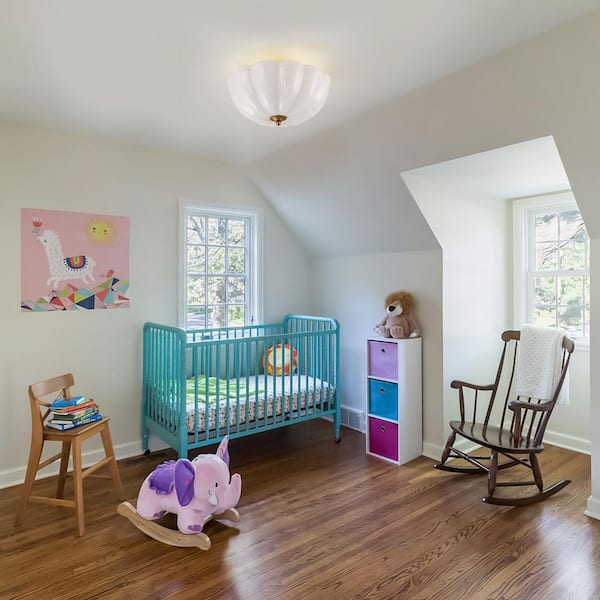 15.94 in. 3-Light Brass and White Bowl Semi-Flush Mount Ceiling Light with Glass Shade